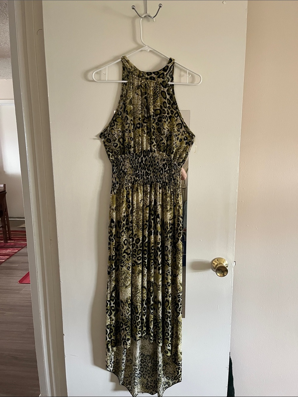 Olive Animal-Print High-Low Halter Maxi Dress